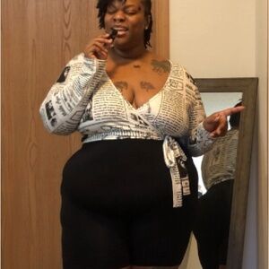 Newspaper Print Wrap Top and Black Shorts Set